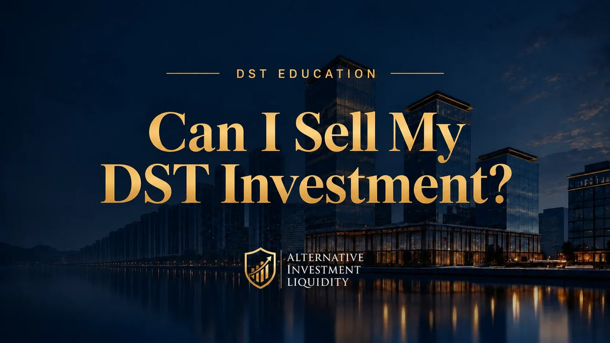 Can I Sell My DST Investment? AIL educational graphic with waterfront office buildings.