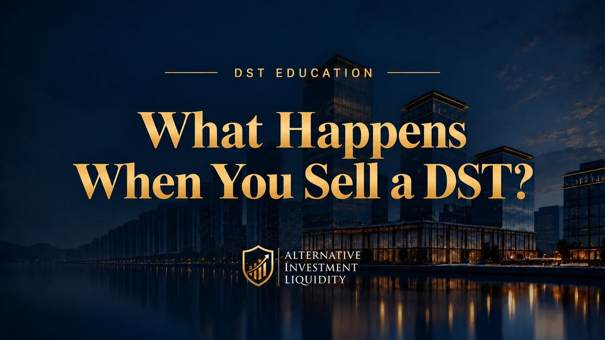 What Happens When You Sell a DST? AIL educational graphic with waterfront office buildings.