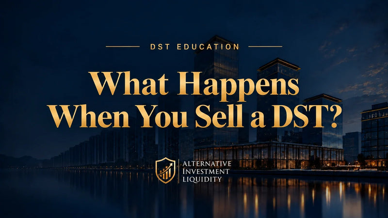 What Happens When You Sell a DST? AIL educational graphic with waterfront office buildings.