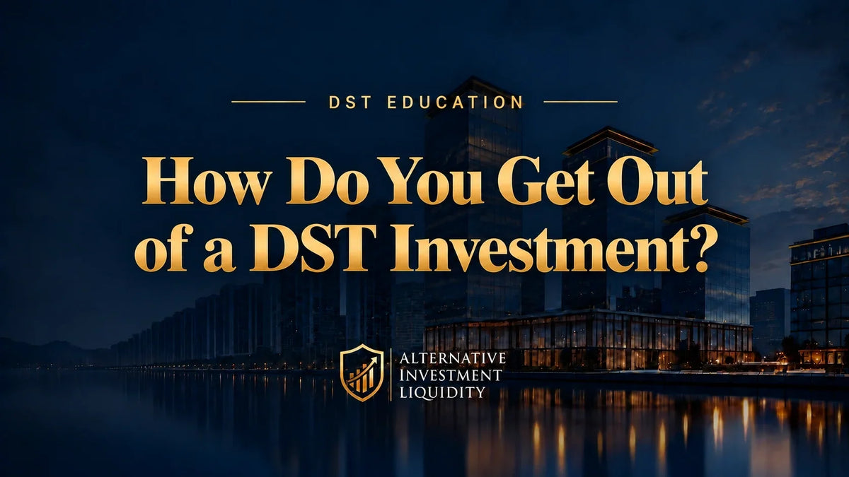 How Do You Get Out of a DST Investment? AIL educational graphic with waterfront office buildings.