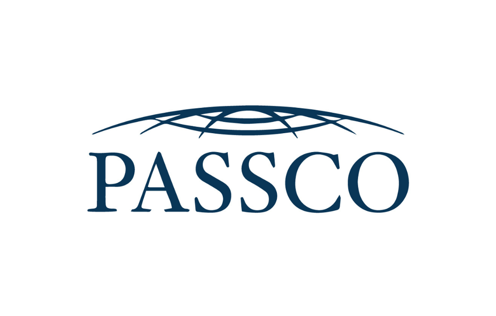 PASSCO logo with a blue design element on a white background