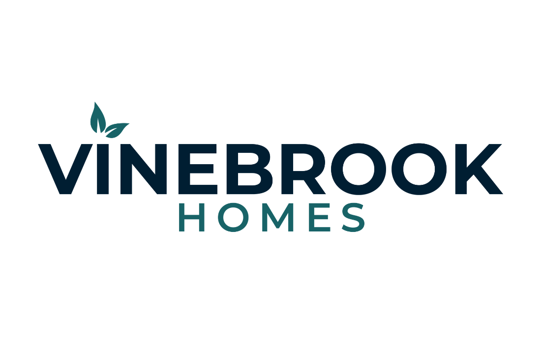 Vinebrook Homes logo in dark navy and teal text on a plain white background, with a small leaf graphic above the wordmark.